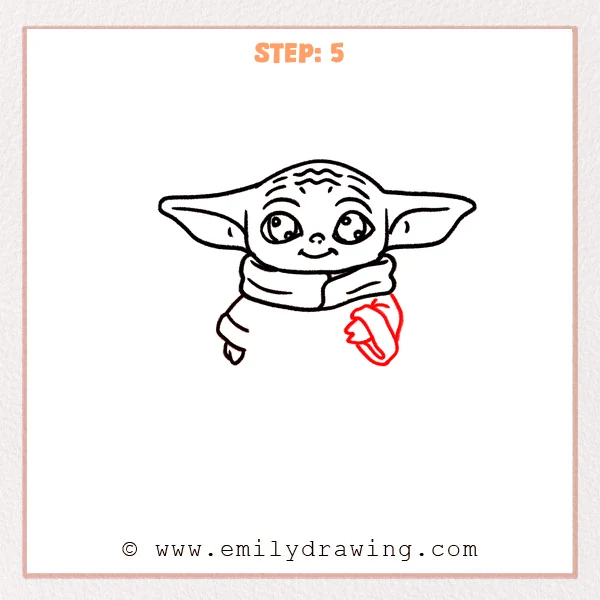 how to draw a baby yoda - Step 5: A raised right sleeve and small hand gesture are added to Baby Yoda.